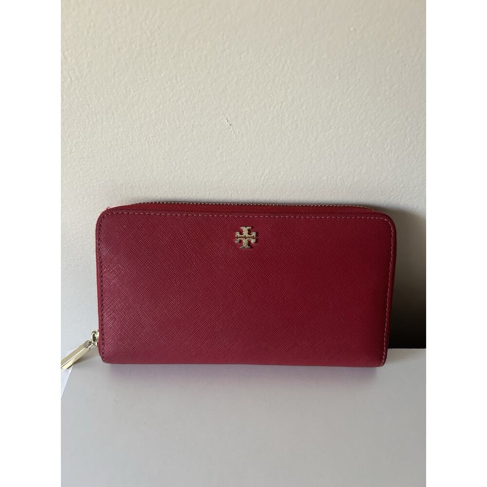 Auth Tory Burch York Long Leather Wallet in Red with Gold